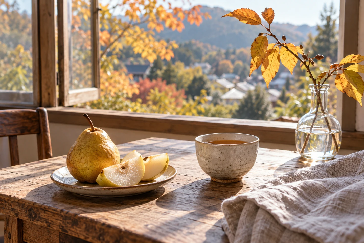 秋の光が差し込む、紅茶と洋梨のある食卓
