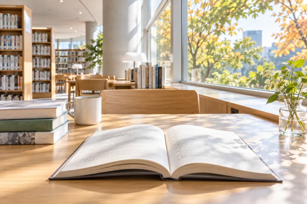 秋の光が差し込む図書館と開いた本
