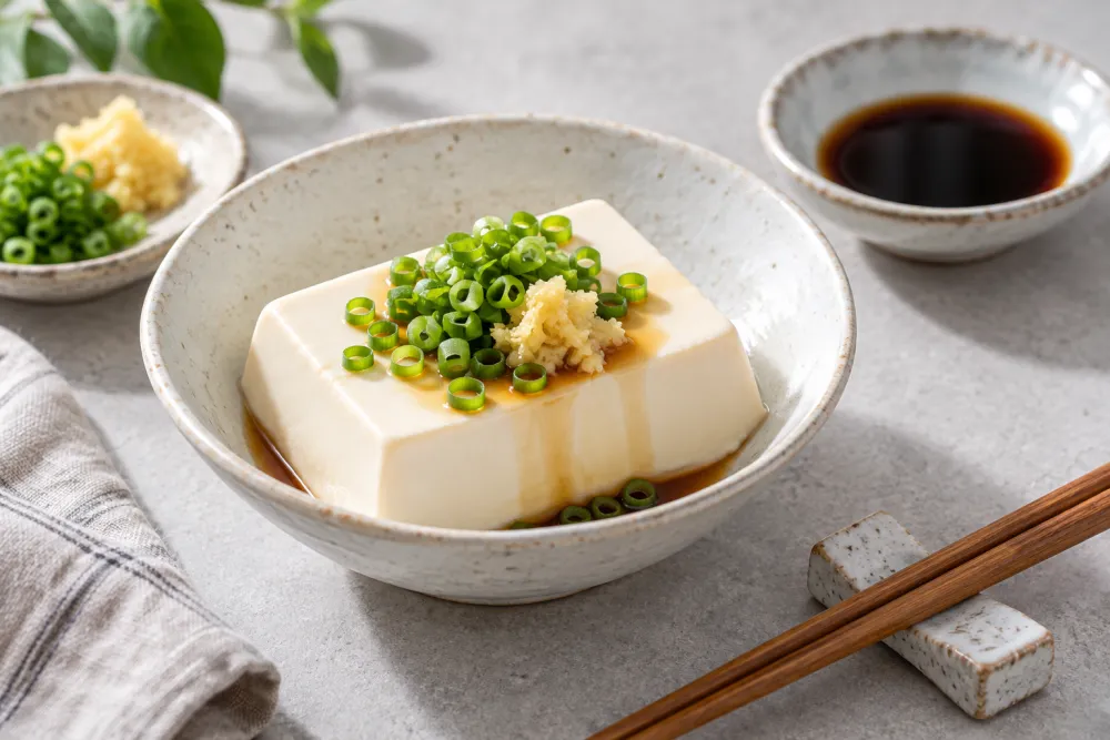 薬味を添えた豆腐のある食卓